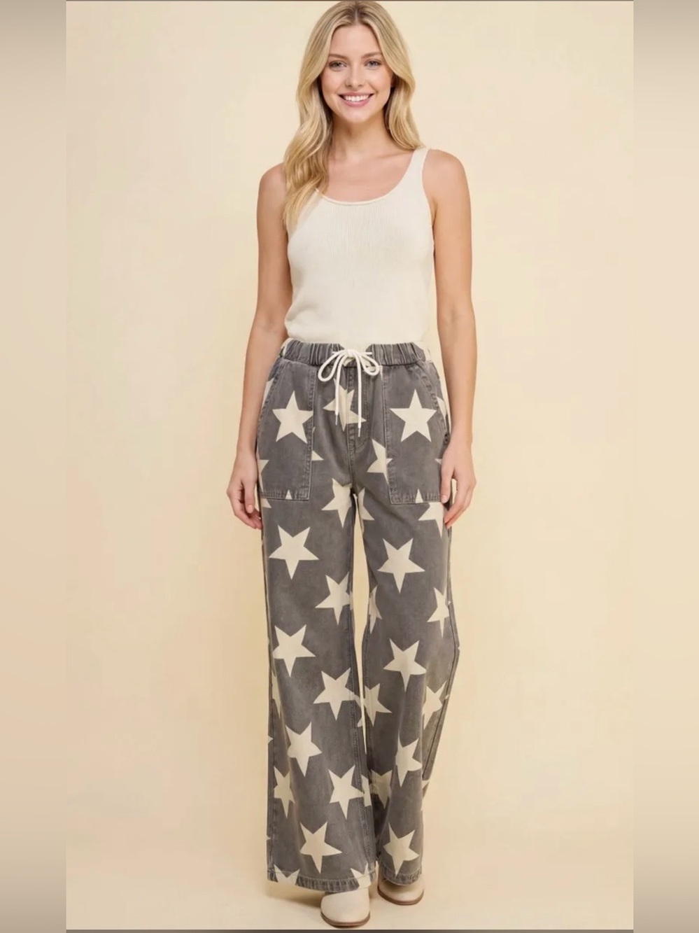 Heimish Charcoal Star-Print Wide Leg Jeans with White Drawstring